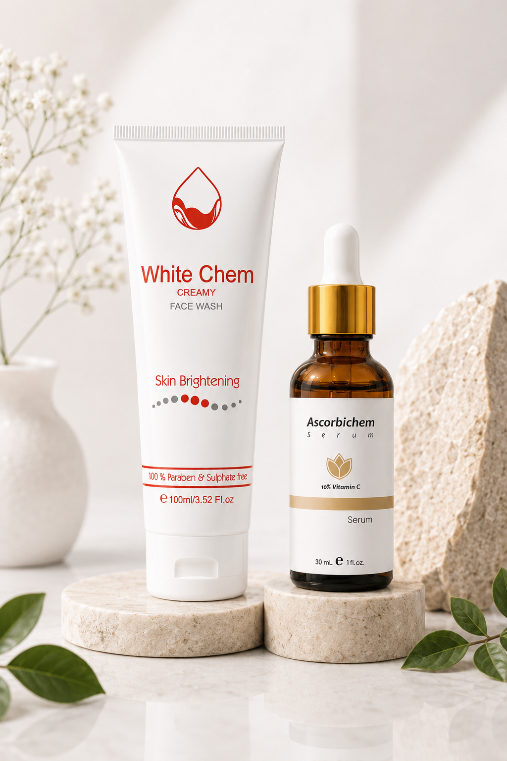 Dermachem Brightening & Glow Bundle | Whitechem Facewash + Ascorbichem Vitamin C Serum