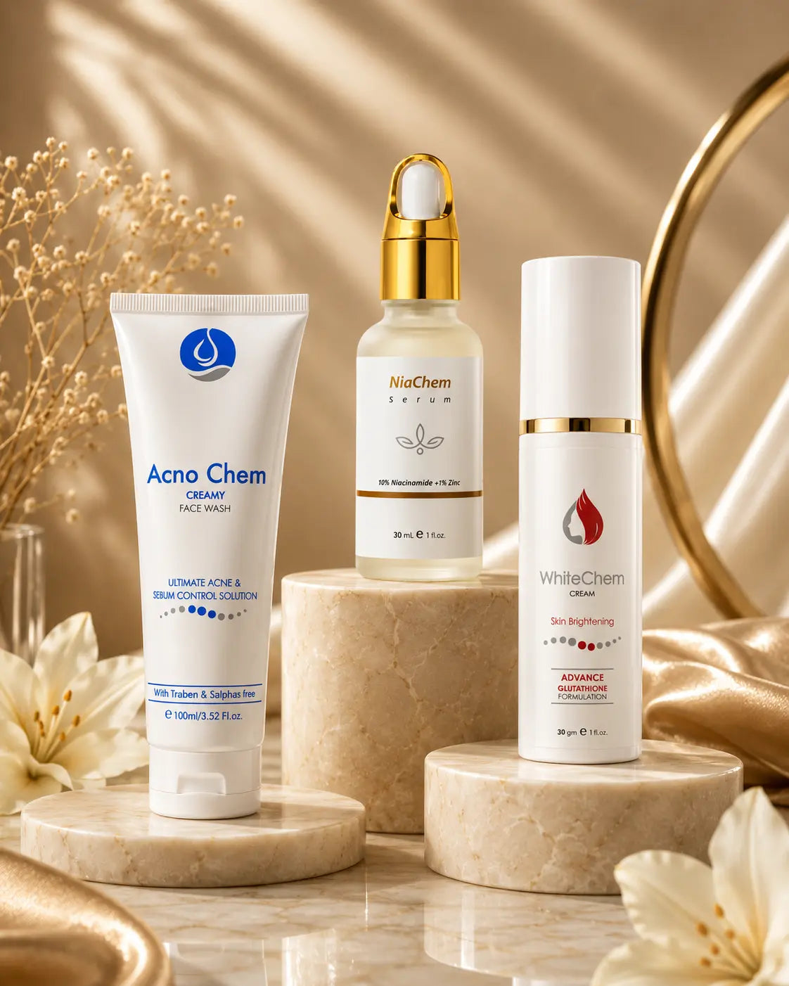 Dermachem Dry Skin Hydration Bundle | WhiteChem Facewash + NiaChem Serum + Whitechem Cream