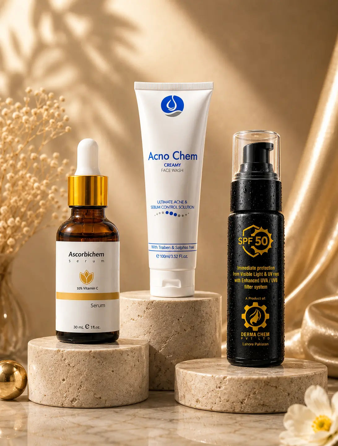 Dermachem Normal Skin Glow Bundle | WhiteChem Facewash + Ascorbichem Serum + TINT Chem Sunblock