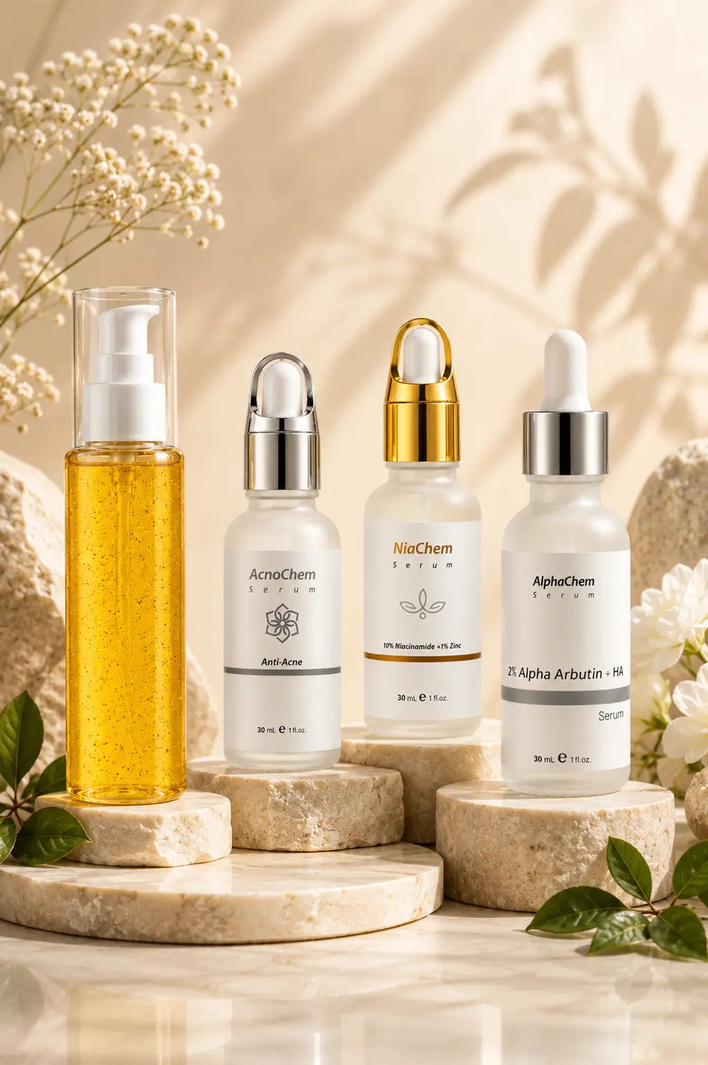 Dermachem Stubborn Acne & Dark Marks Bundle | AcnoChem Facewash + AcnoChem Serum + AlphaChem serum + NiaChem serum