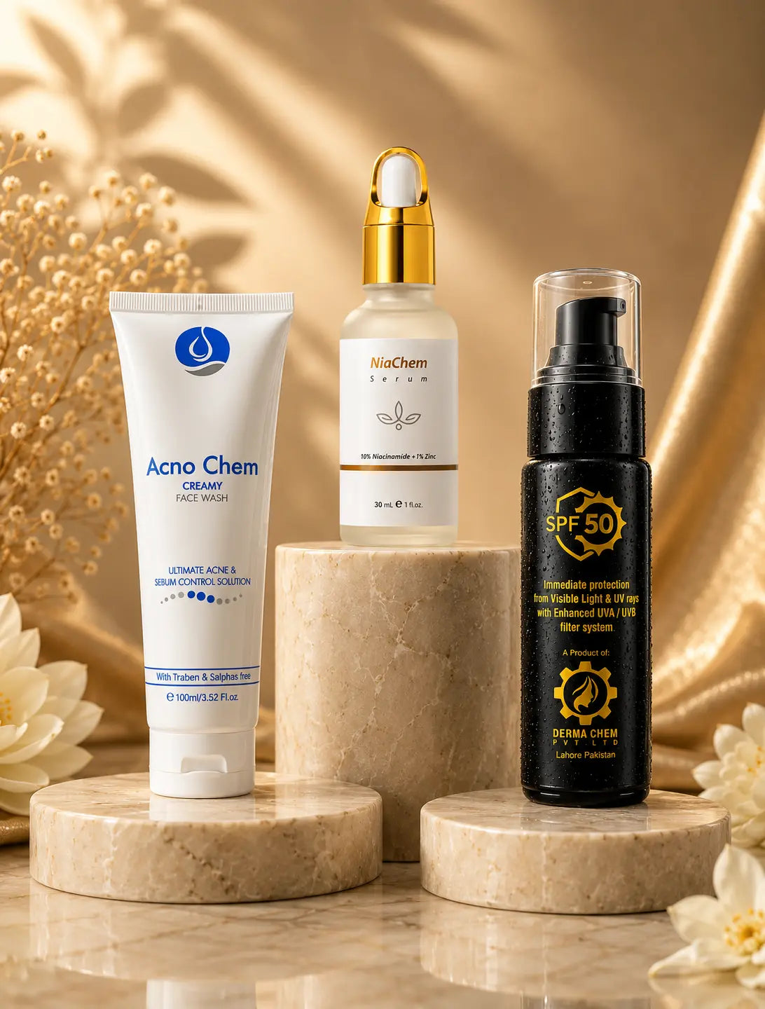 Dermachem Oily Skin Complete Bundle | AcnoChem Facewash + NiaChem Serum + TINT Chem Sunblock